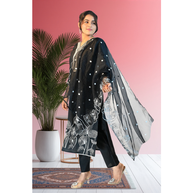 Elegant Black Silk Kurta with Organza Dupatta
