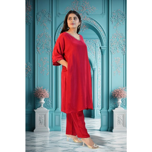 Hot Pink Coord Set with Minimal Neck Embroidery