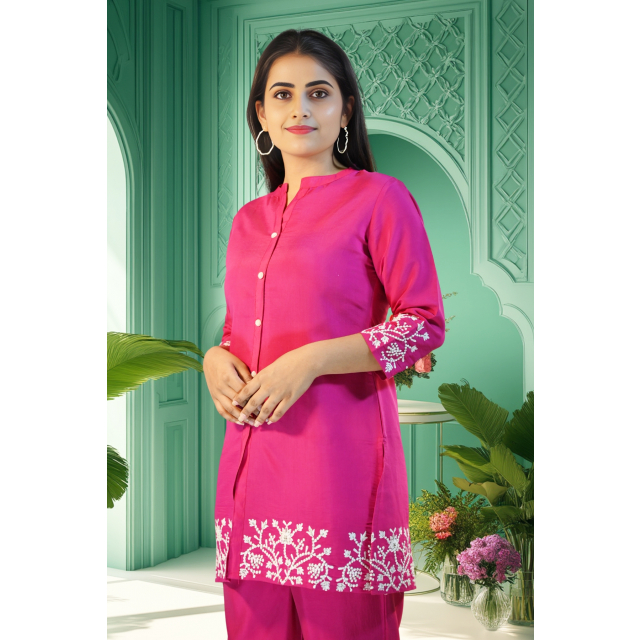 Pink Shirt Style Co ord Set with Embroidery