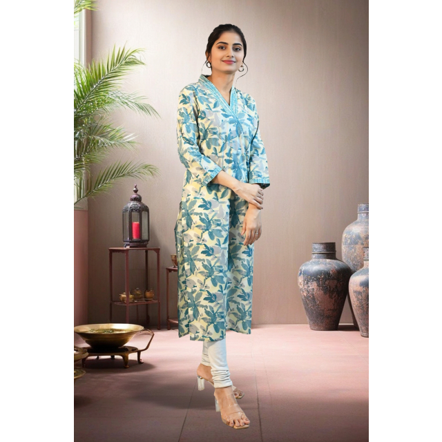 soft Deep Teal Straight Kurta with Tropical Leaves Print