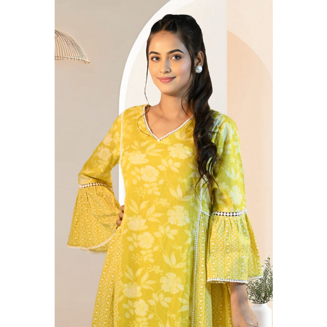 Bright Yellow Floral Flared Kurta