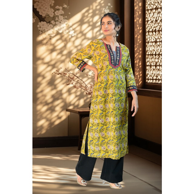 Mustard Floral Cotton Printed Kurta