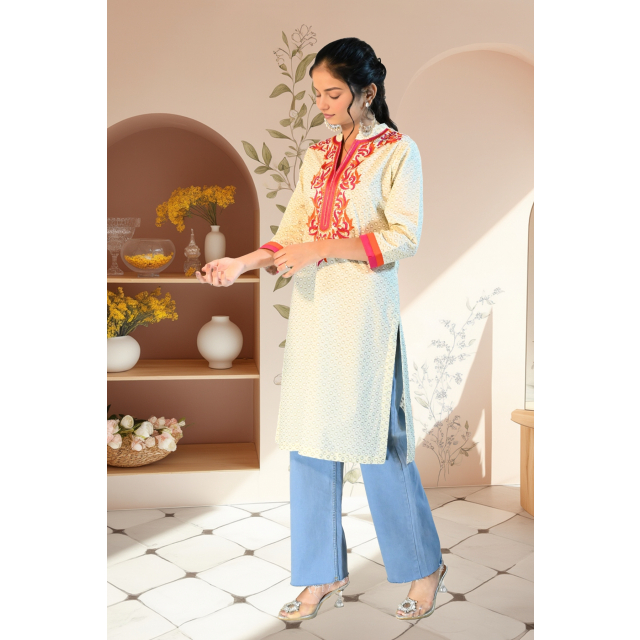 Beige Cotton Kurta with Color Thread neck Embroidery