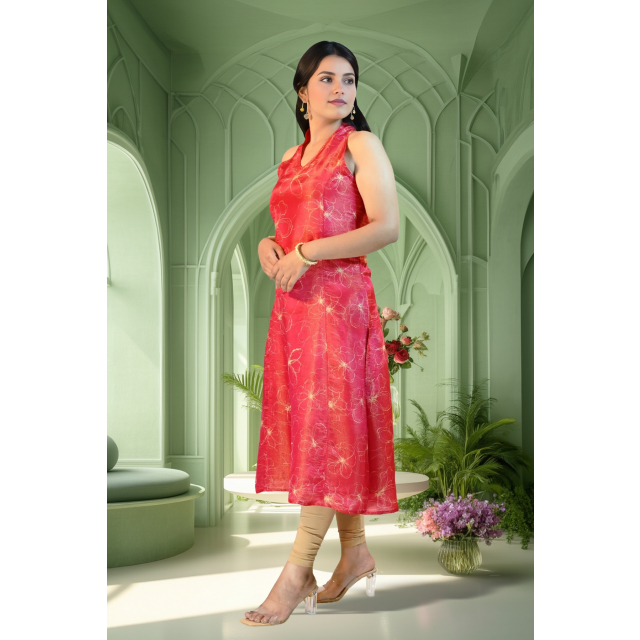 Magenta Pink Halter Neck Kurta with Gold Flower Design