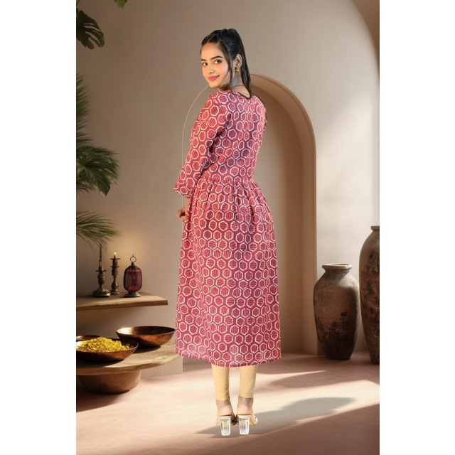 Maroon Cotton Flared Kurta with Geometric Print