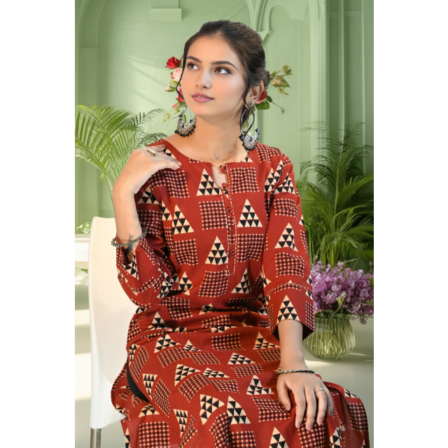 Crimson Red Cotton Straight Kurta with Geometric Print
