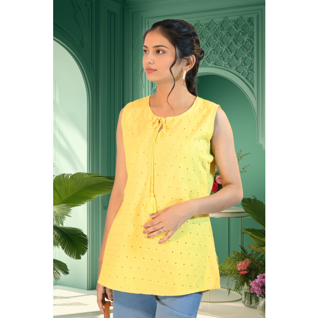 Yellow Schiffli Sleeveless Short Kurti