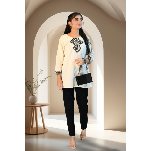 Beige Short Kurti with Thread Embroidery on Neck