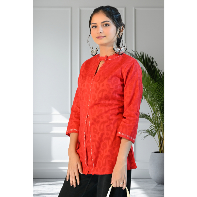 Bright Red Brasso Fabric Mandarin Collar Short Kurti