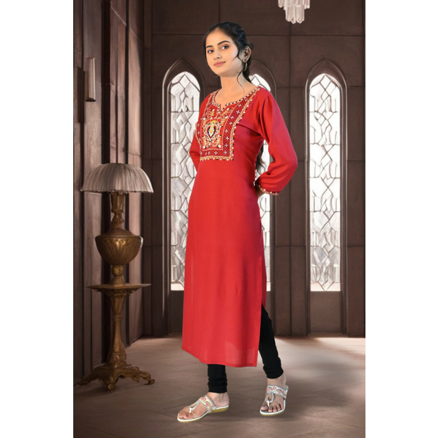 Elegant Maroon Rayon Kurta with Embroidery