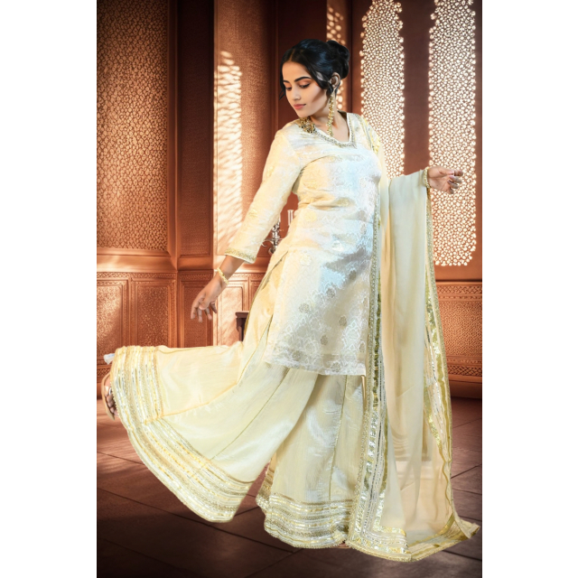 Luxurious Golden Brocade Sharara Set with Gota Patti