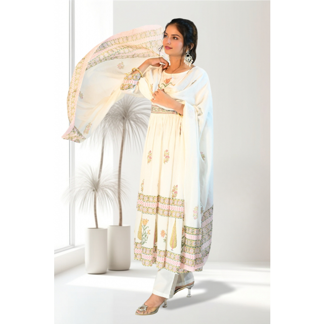 White Floral Block Print Anarkali Set