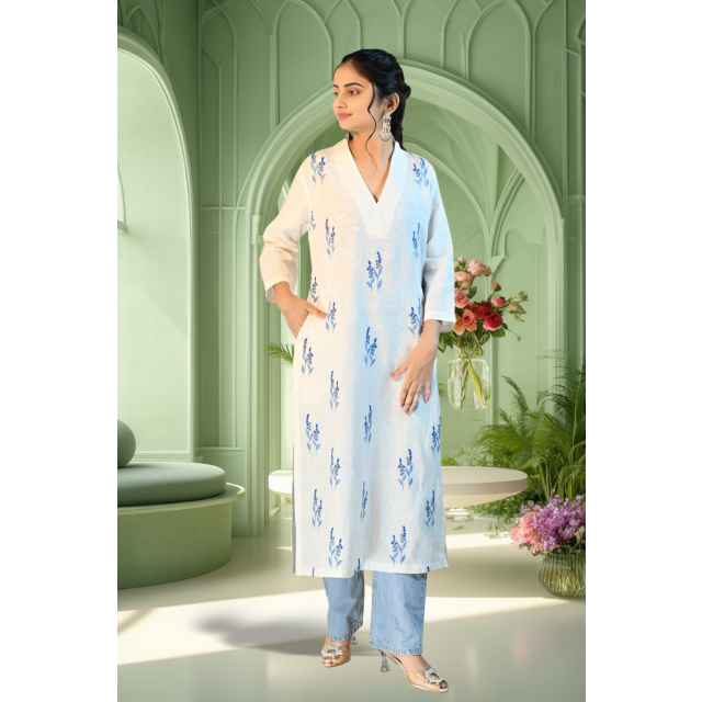 White Linen Kurta with Blue Embroidery