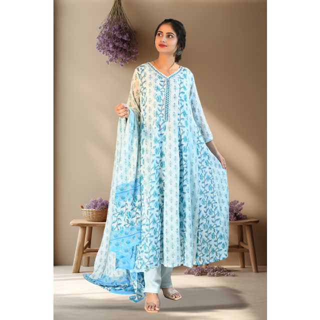 Elegant Flared Cotton Mul Suit Set