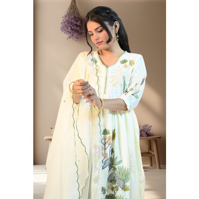 Luxurious Cotton Anarkali Set with Organza Dupatta