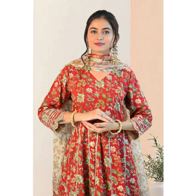 Red Anarkali Set with Gota Patti and Kota Doria Dupatta