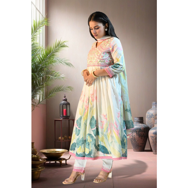 Printed Anarkali Set with Embroidery and Elegant Silhouette