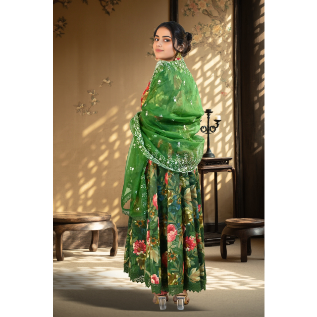 Soft Floral Anarkali with Beaded Yoke and Organza Dupatta