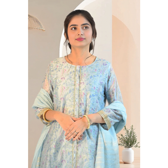 Ice Blue A-line Kurta Set with Lace and Sequin Detailing