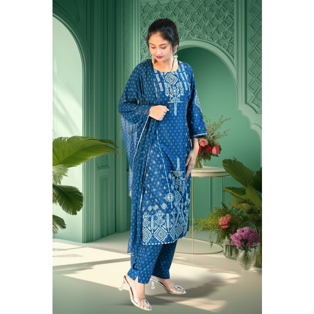 Blue Geometric Print Rayon Kurta Set with Rubber Print