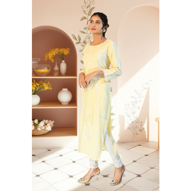 Butter Yellow Straight Kurta with Rubber Printing and Round Neck