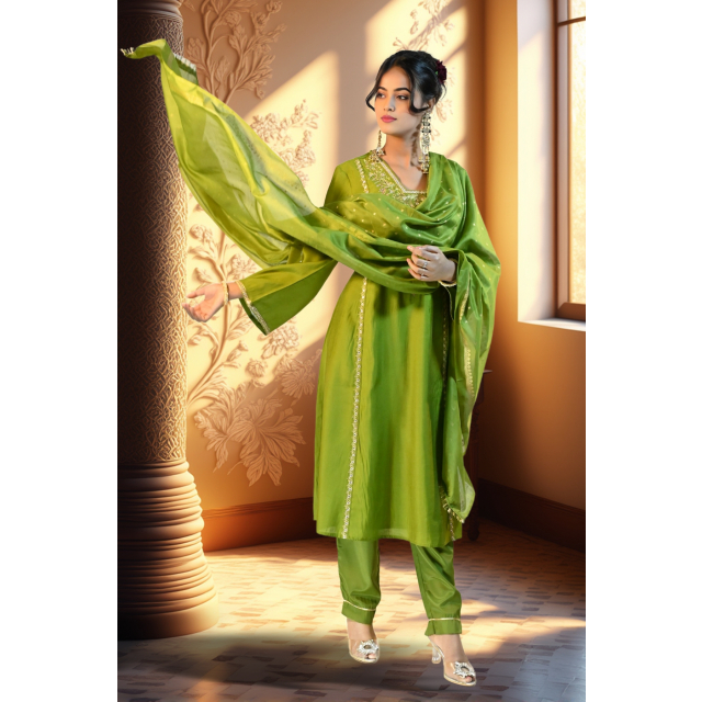 Moss Green Kurta Set with Zari Details