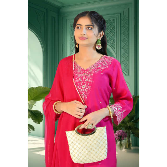 Festive Fuchsia Straight Kurta Set with Zari & Lace Details