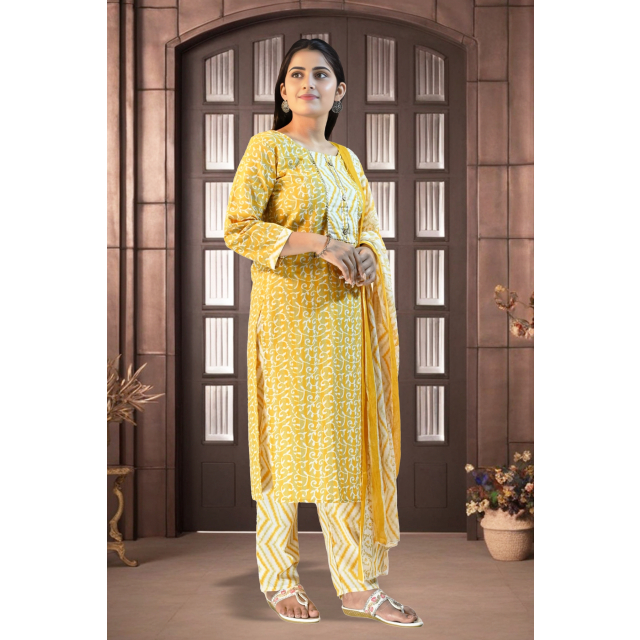 Yellow Cotton Kurta Set with Ethnic Motifs