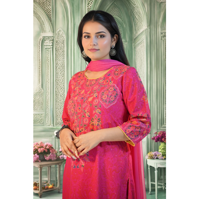 Pink Rayon Kurta Set with Net Dupatta