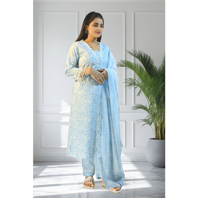 Ice Blue Cotton Kurta Set with Lace and Print