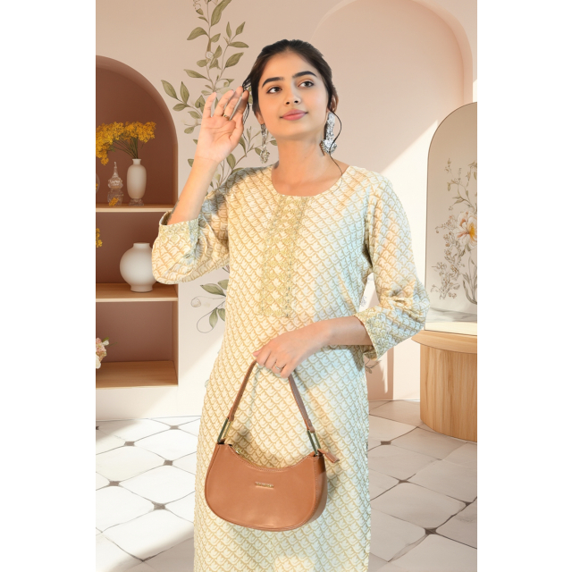Beige Motif Print Kurta in Cotton Fabric