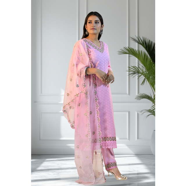Soft Pink Kurta Set with Schiffli Embroidery & Organza Dupatta