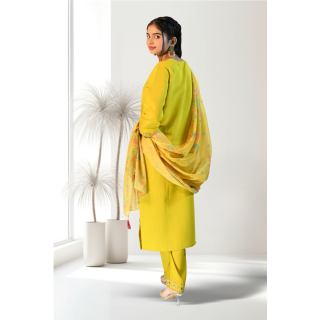 Mustard Roman Silk Kurta Set with Floral Embroidery