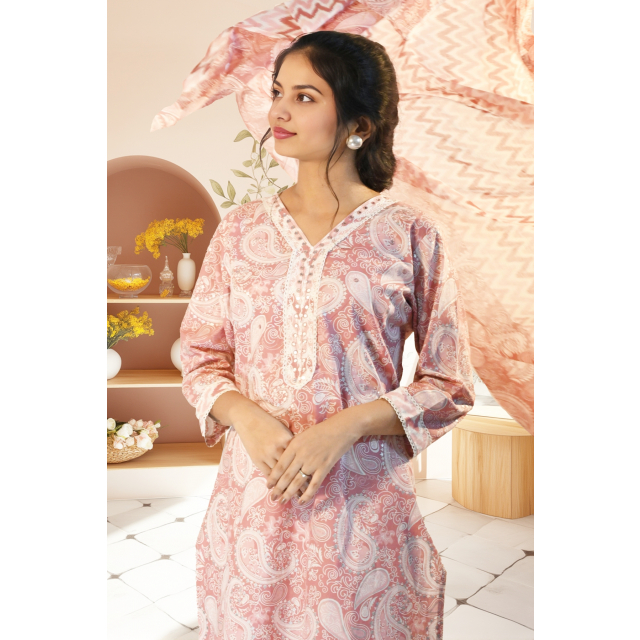 Onion Pink Cotton Suit Set with Paisley Motifs
