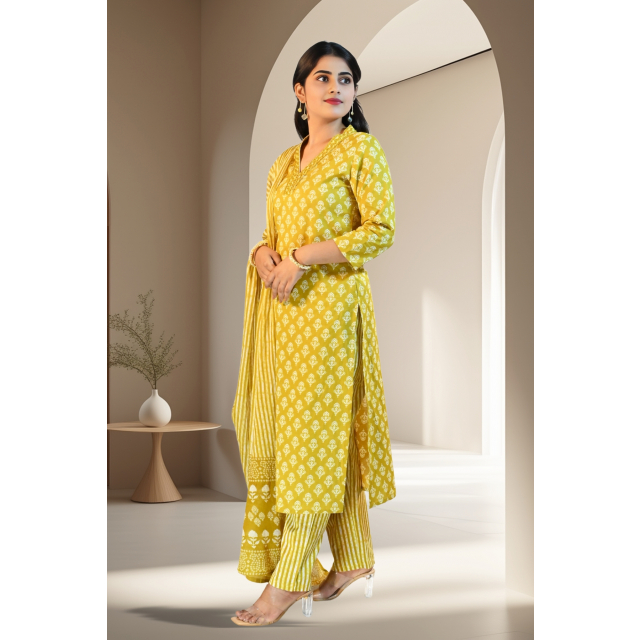 Mustard Cotton Kurta Set with Motif Print Dupatta