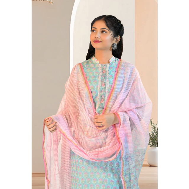 ice Blue Buti Print Kota Doria Suit Set