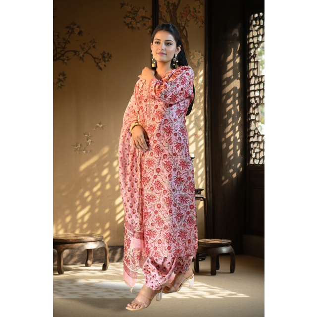 Hand Block Print Chanderi Suit Set with Kota Doria Dupatta
