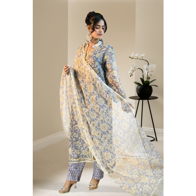 Kota Doria Angrakha Kurta Set with Pearl Detailing