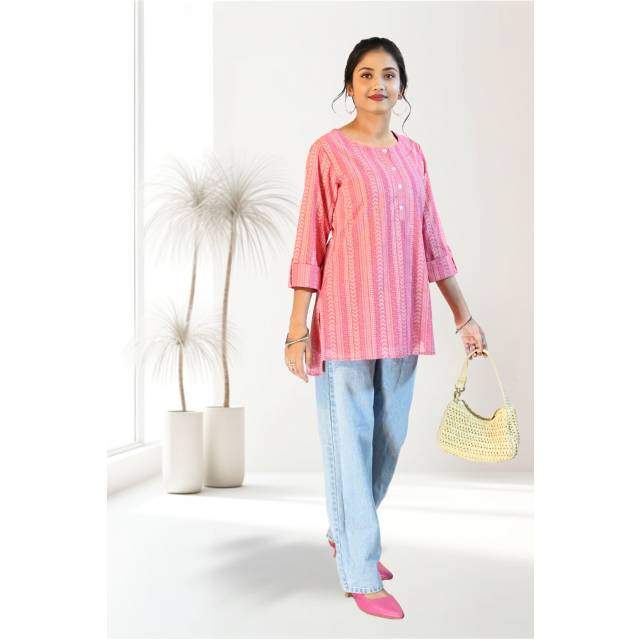 Blush Pink Georgette Short Kurti with Beal Bota Design