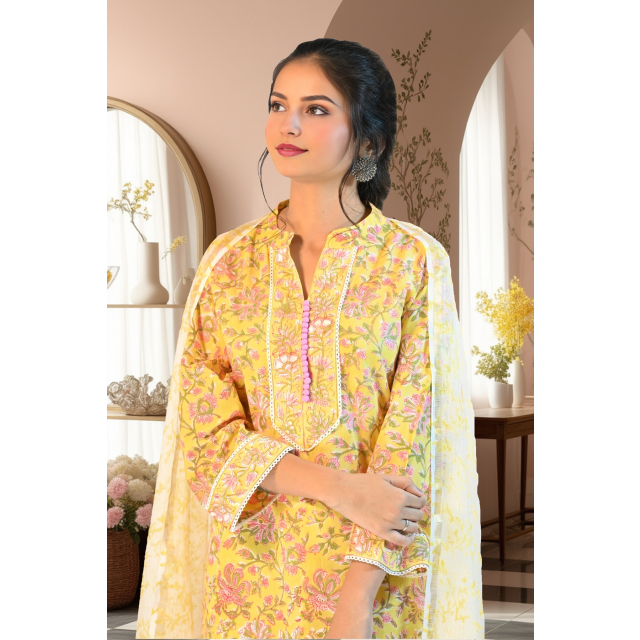 Floral Cotton Kurta Set with Kota Doria Dupatta