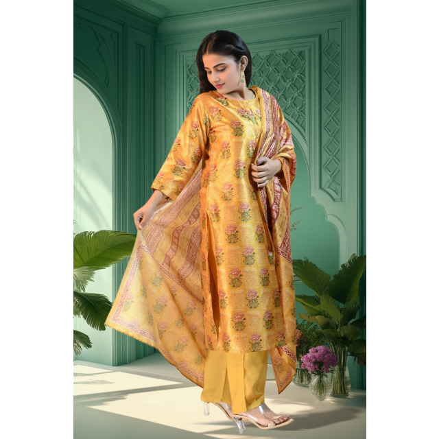 Printed Mustard Silk Kurti Set