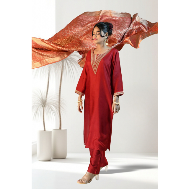 Golden Lace Silk Kurta Set with Zari Dupatta