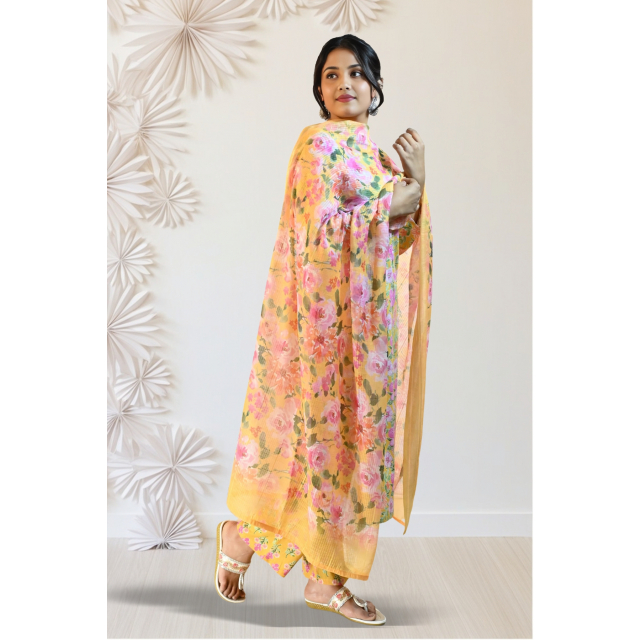 Breezy Floral Cotton Kurta Set with Kota Doria Dupatta
