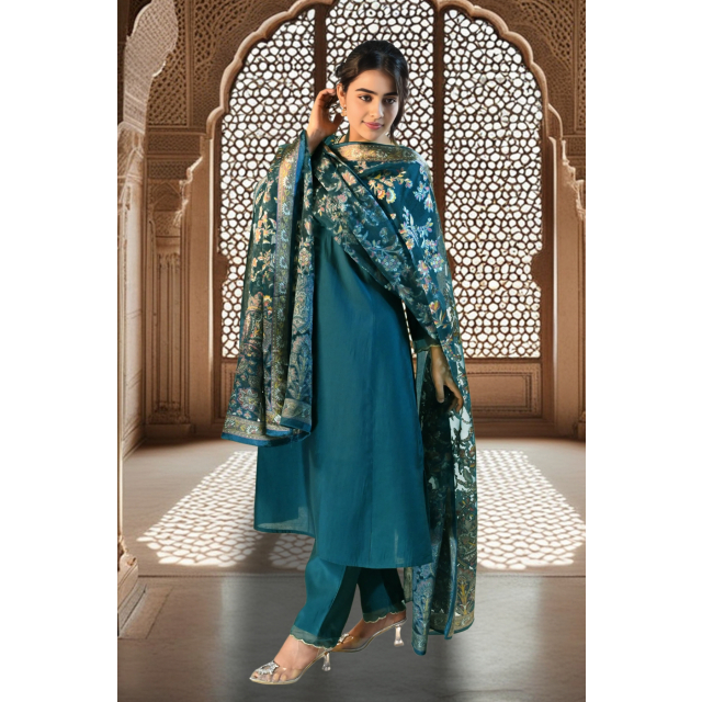 Silk Kurta Set with Bead Embellishments and Brasso Dupatta