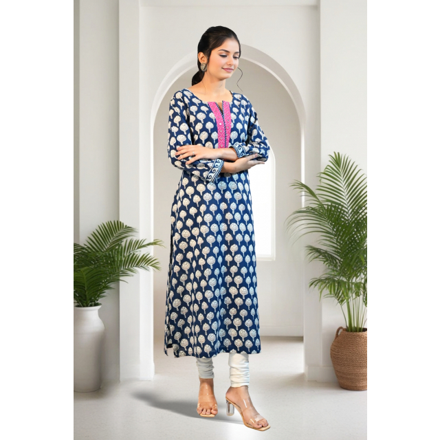 Classic Straight-Cut Cotton Kurta with Intricate Motifs