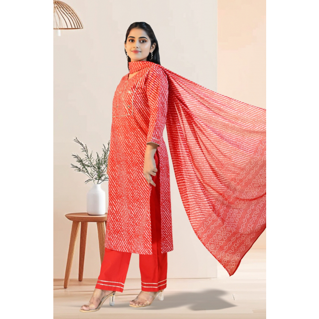 Vibrant Red Lehariya Kurta Set