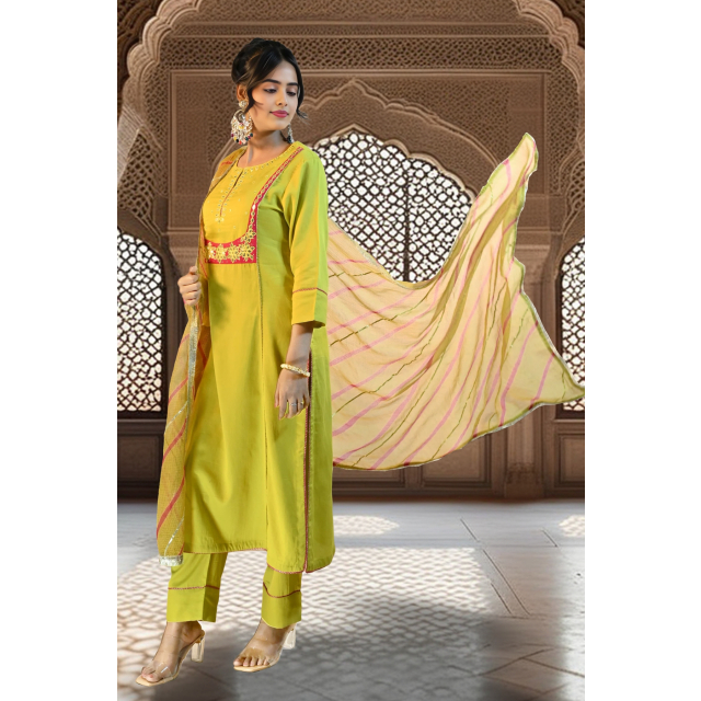 Lime Green Embroidered Kurta Set with Kota Doria Dupatta