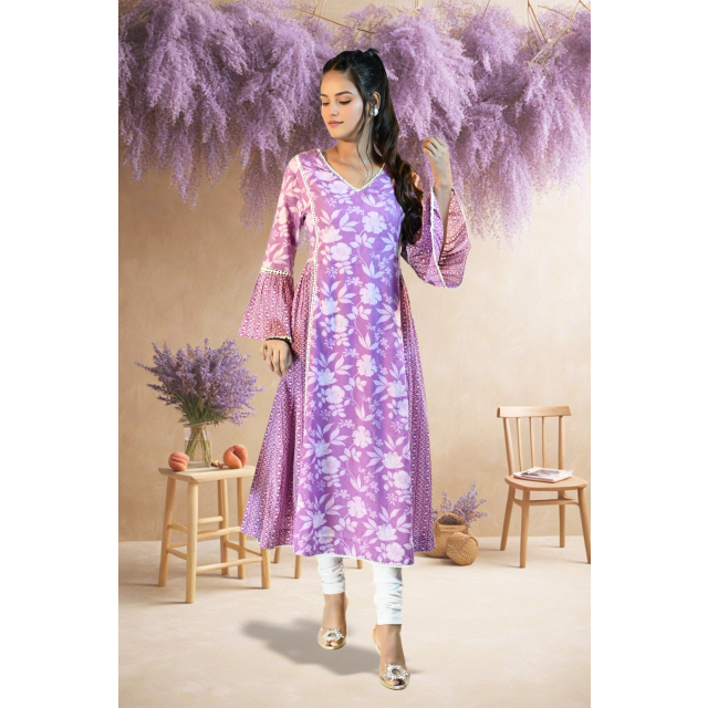 Purple Floral Flared Kurta