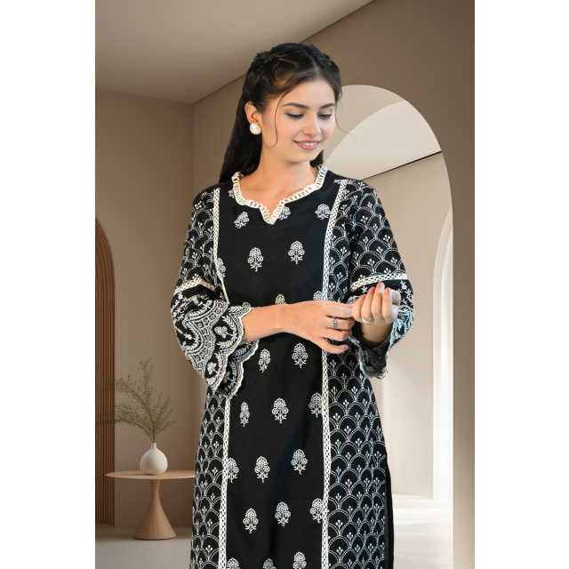 Timeless Black Cotton Kurta Set with Thread Work Embroidery