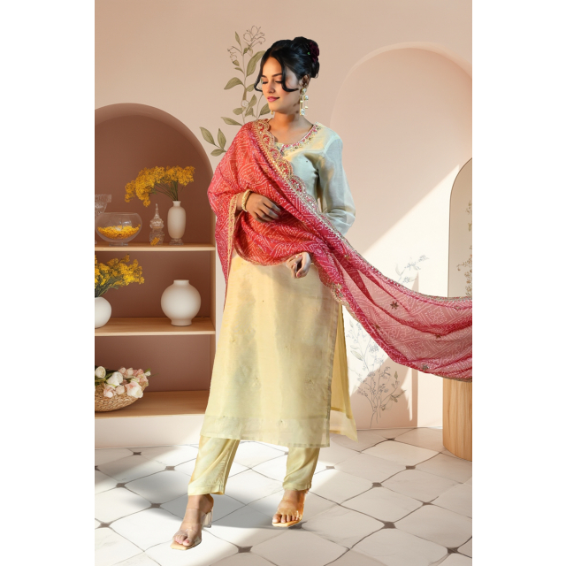 Silk Kurta Set with Zari Work & Bandhani Dupatta